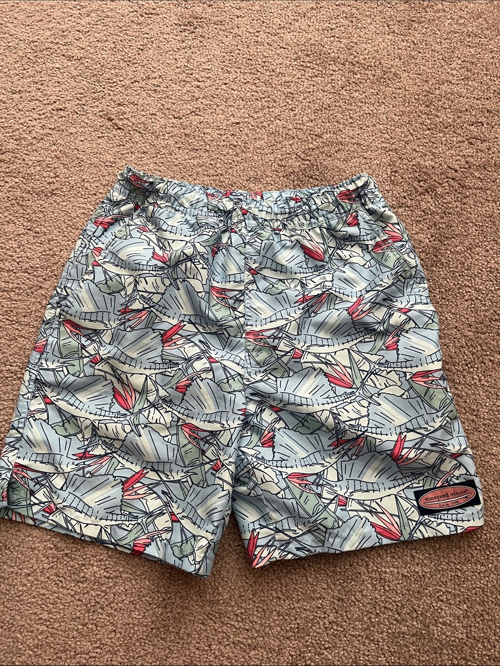 Vineyard Vines Boys Light Blue Swim Trunks with Swordfish and Coral Accents